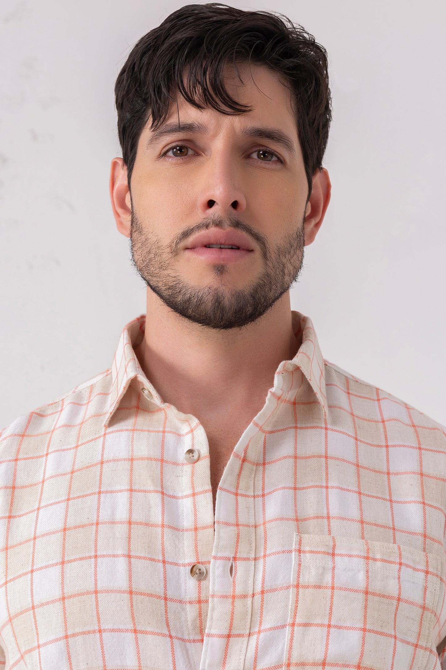 Linen Blend Peach Check Shirt