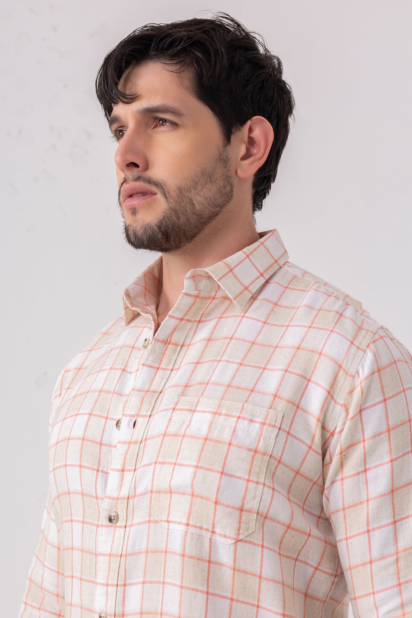 Linen Blend Peach Check Shirt