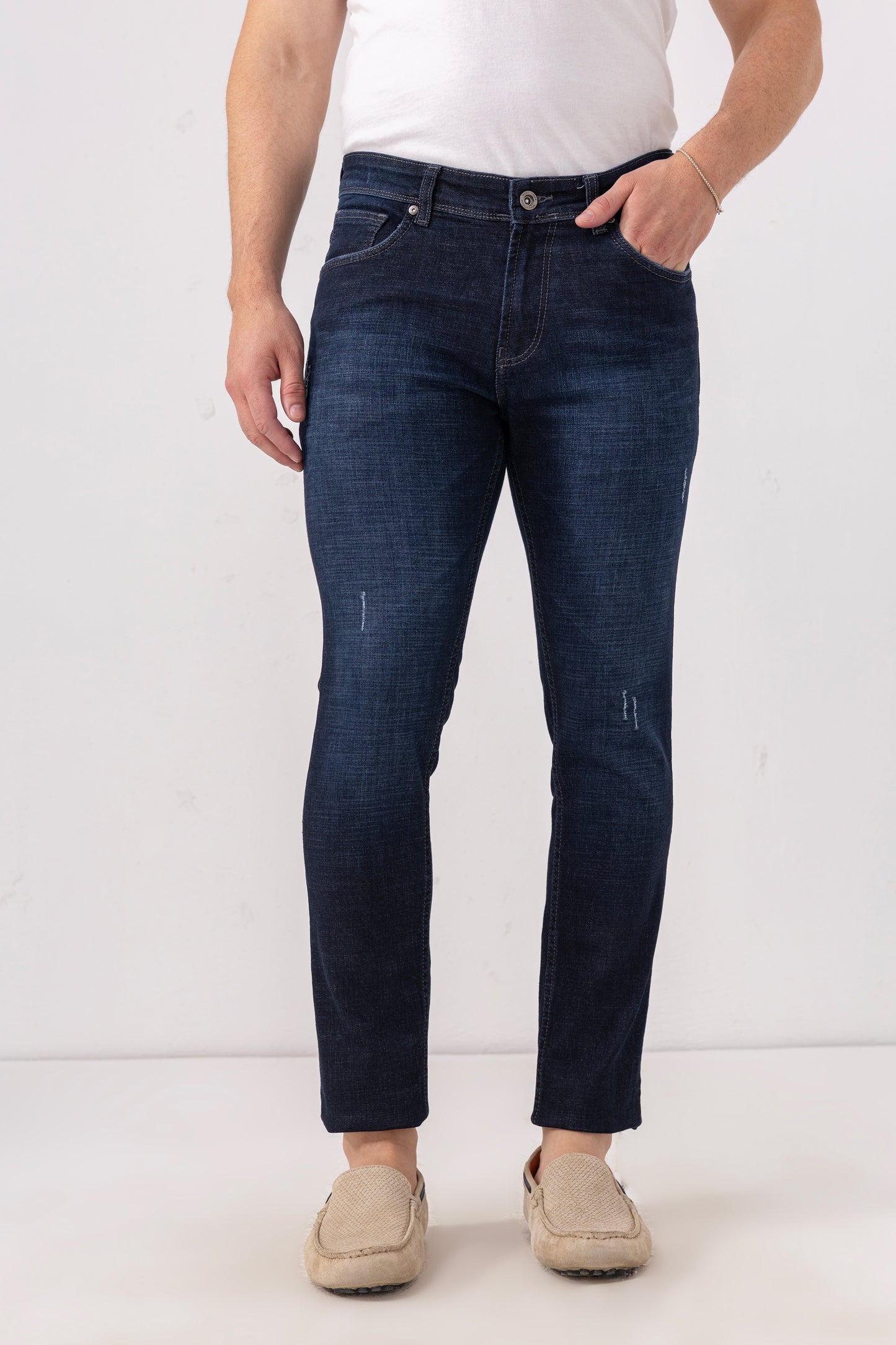 Indigo Fade Slim Fit Denim Jeans with Light Distressing