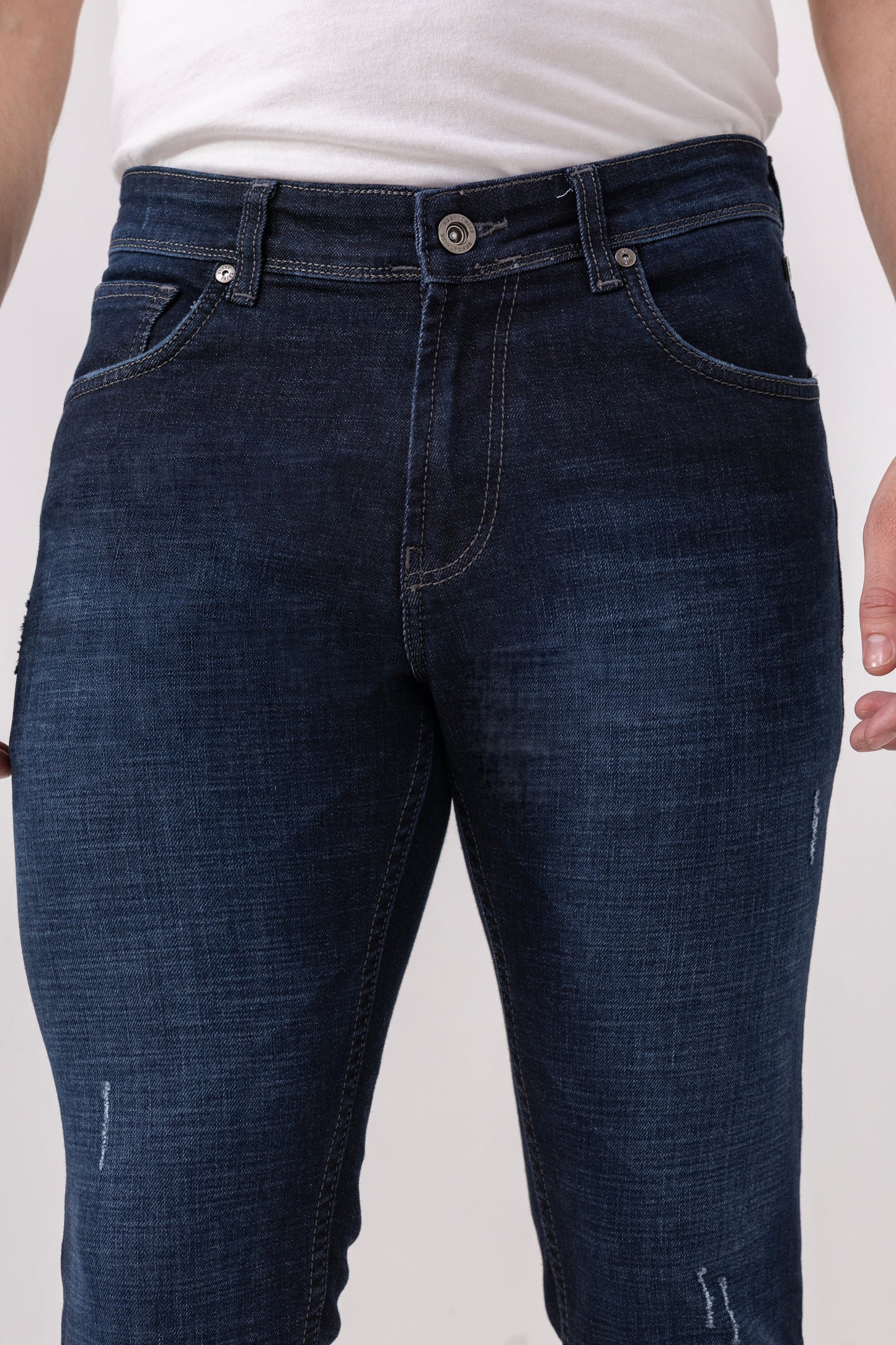 Indigo Fade Slim Fit Denim Jeans with Light Distressing