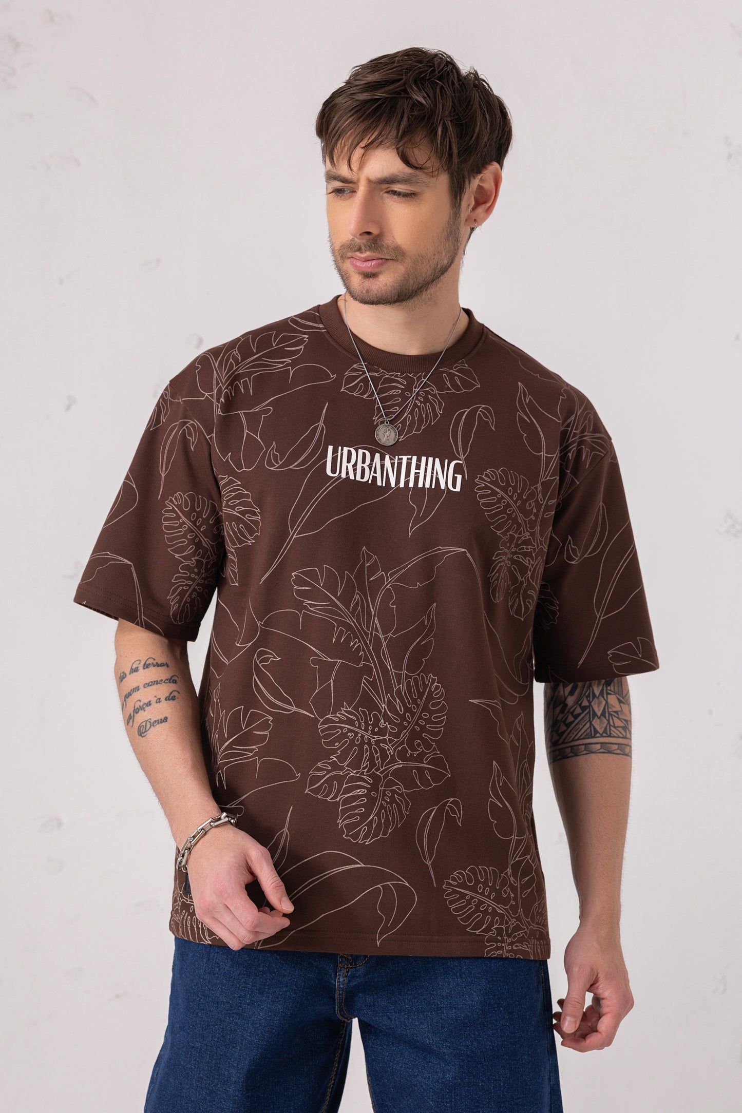 Leaf Print Oversized Graphic Tee