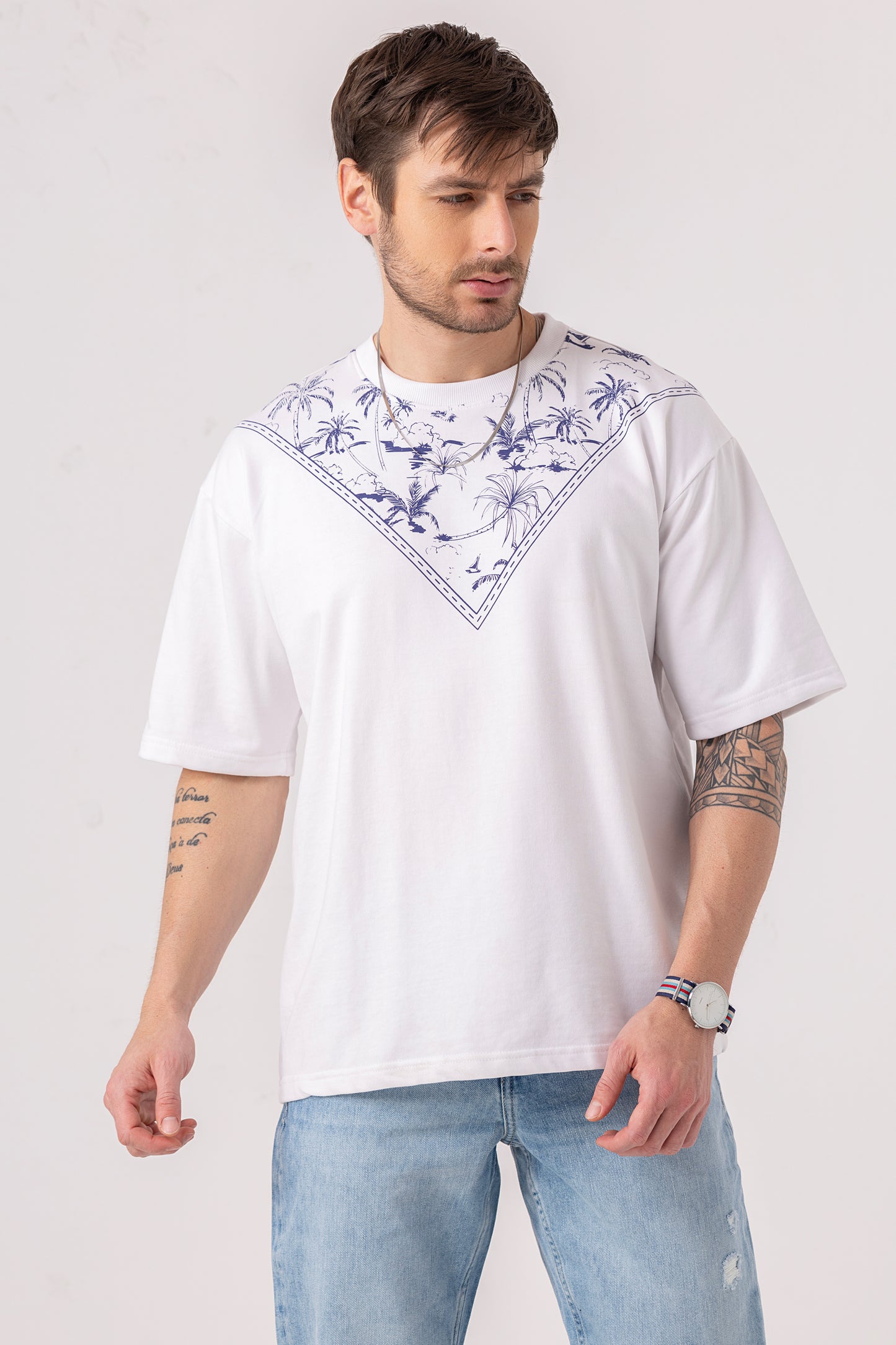 Coastal Neck Print Oversized T-Shirt
