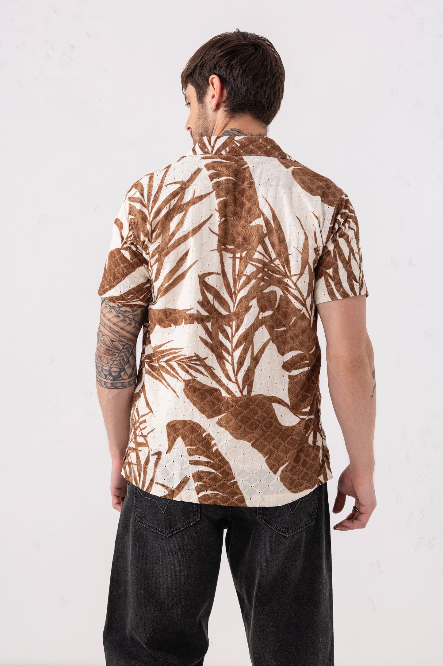 Men's Cotton Eyelet Leaf Print Shirt – Brown & White