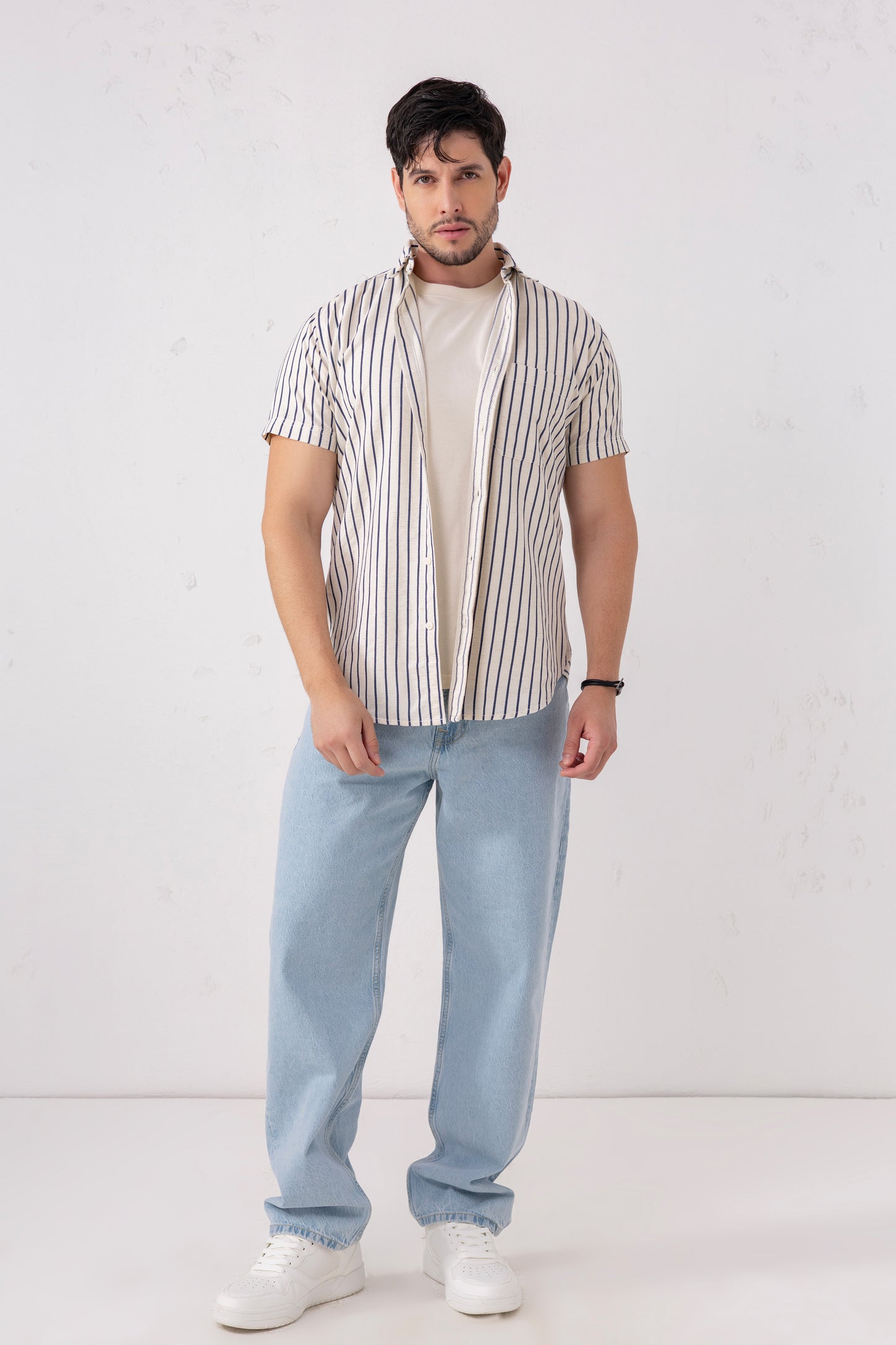 Men’s 100% Cotton Vertical Stripe Shirt – Ivory & Navy