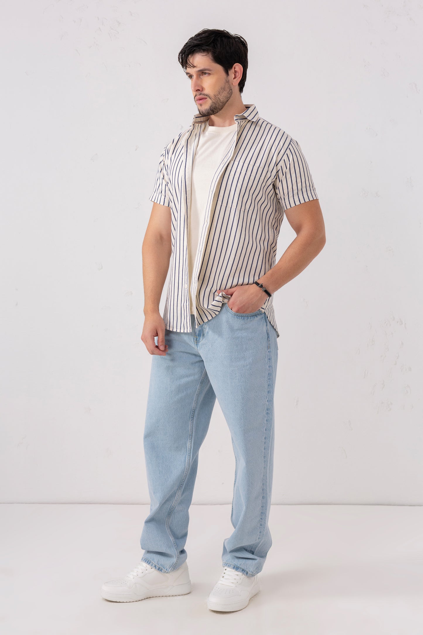 Men’s 100% Cotton Vertical Stripe Shirt – Ivory & Navy