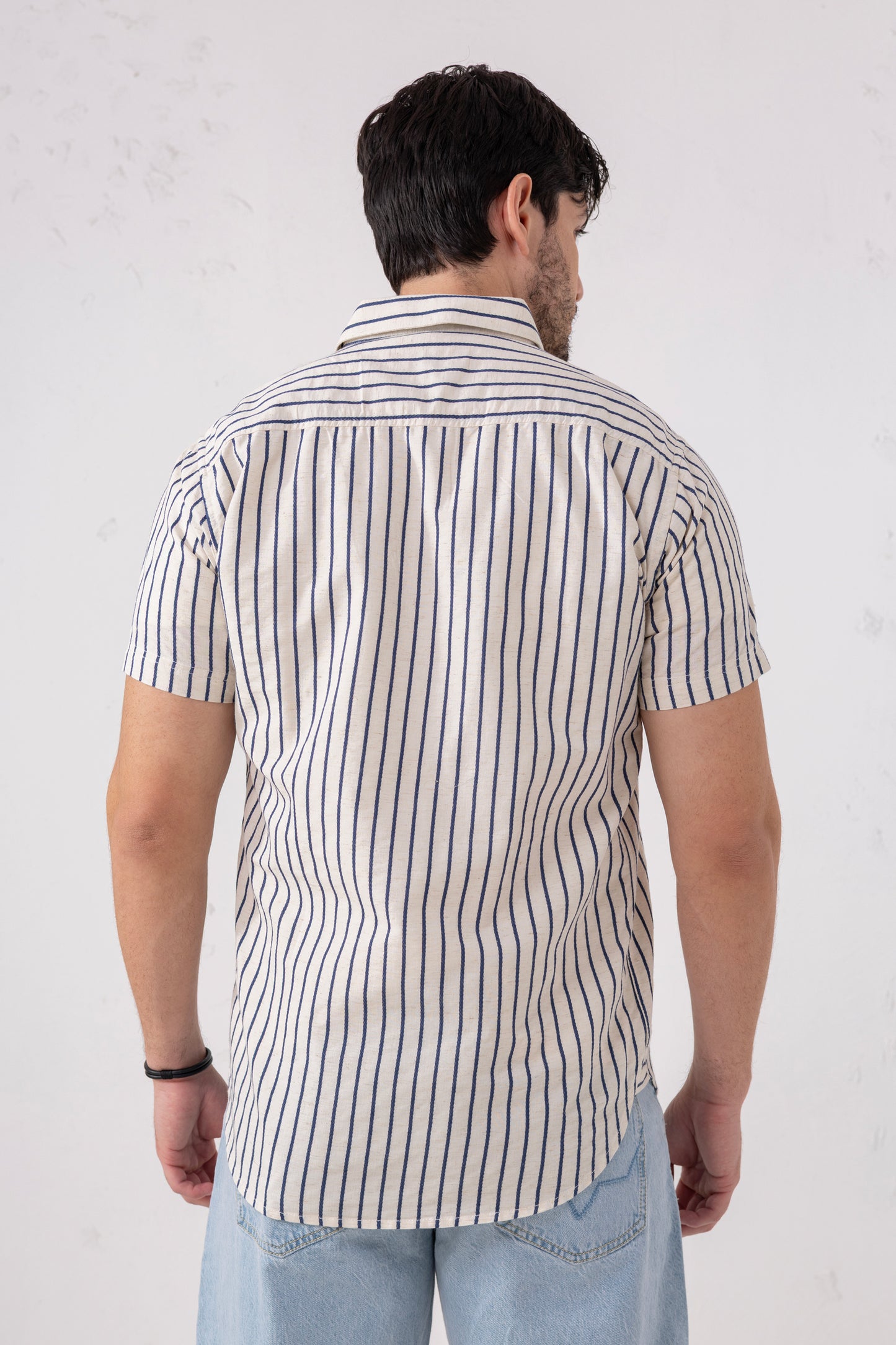Men’s 100% Cotton Vertical Stripe Shirt – Ivory & Navy