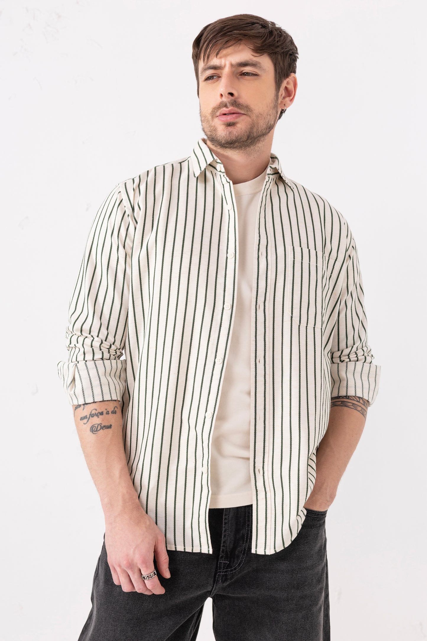 Full-Sleeve Shirt – Cream with Olive Stripes 100% Cotton