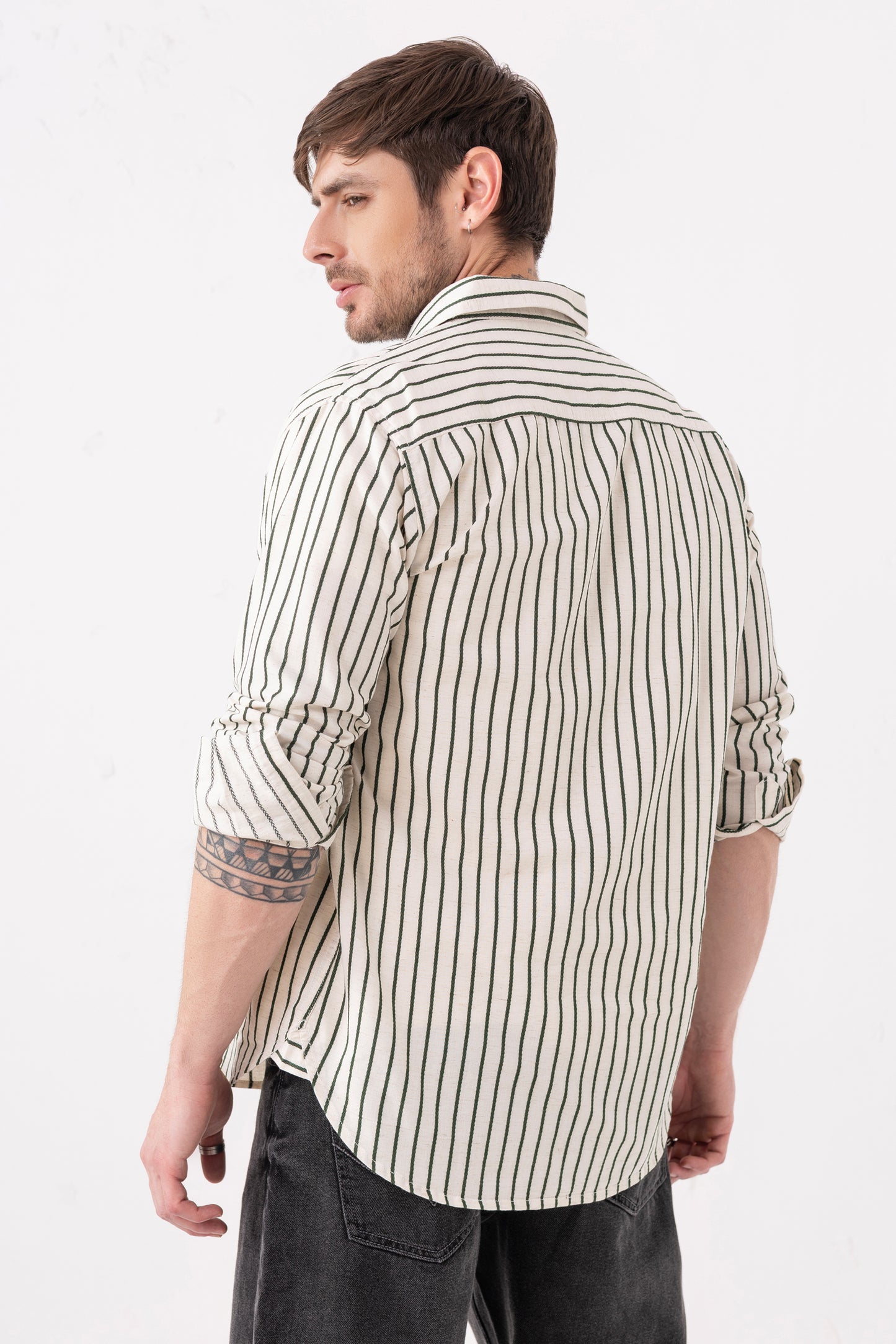 Full-Sleeve Shirt – Cream with Olive Stripes 100% Cotton