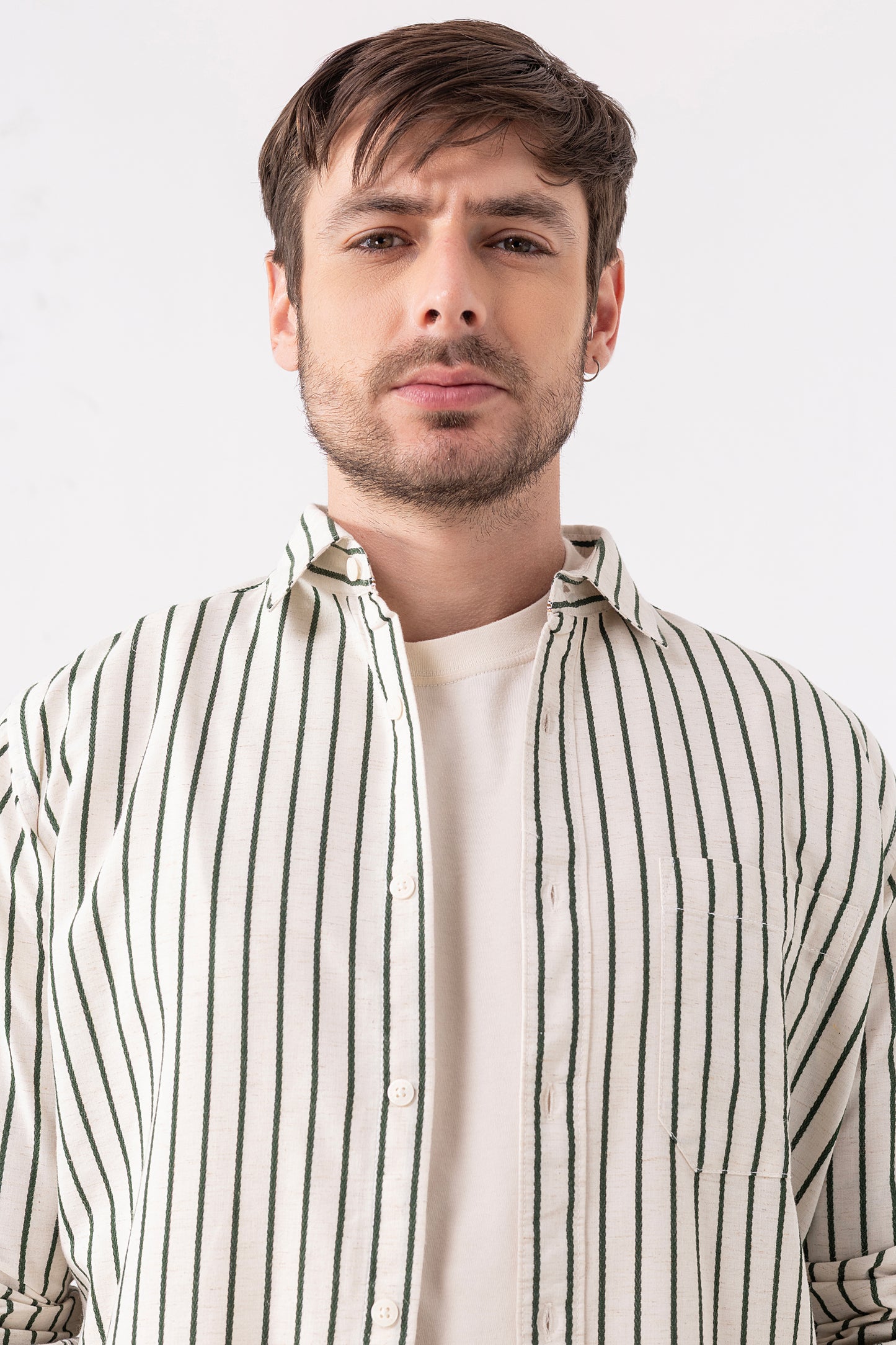Full-Sleeve Shirt – Cream with Olive Stripes 100% Cotton