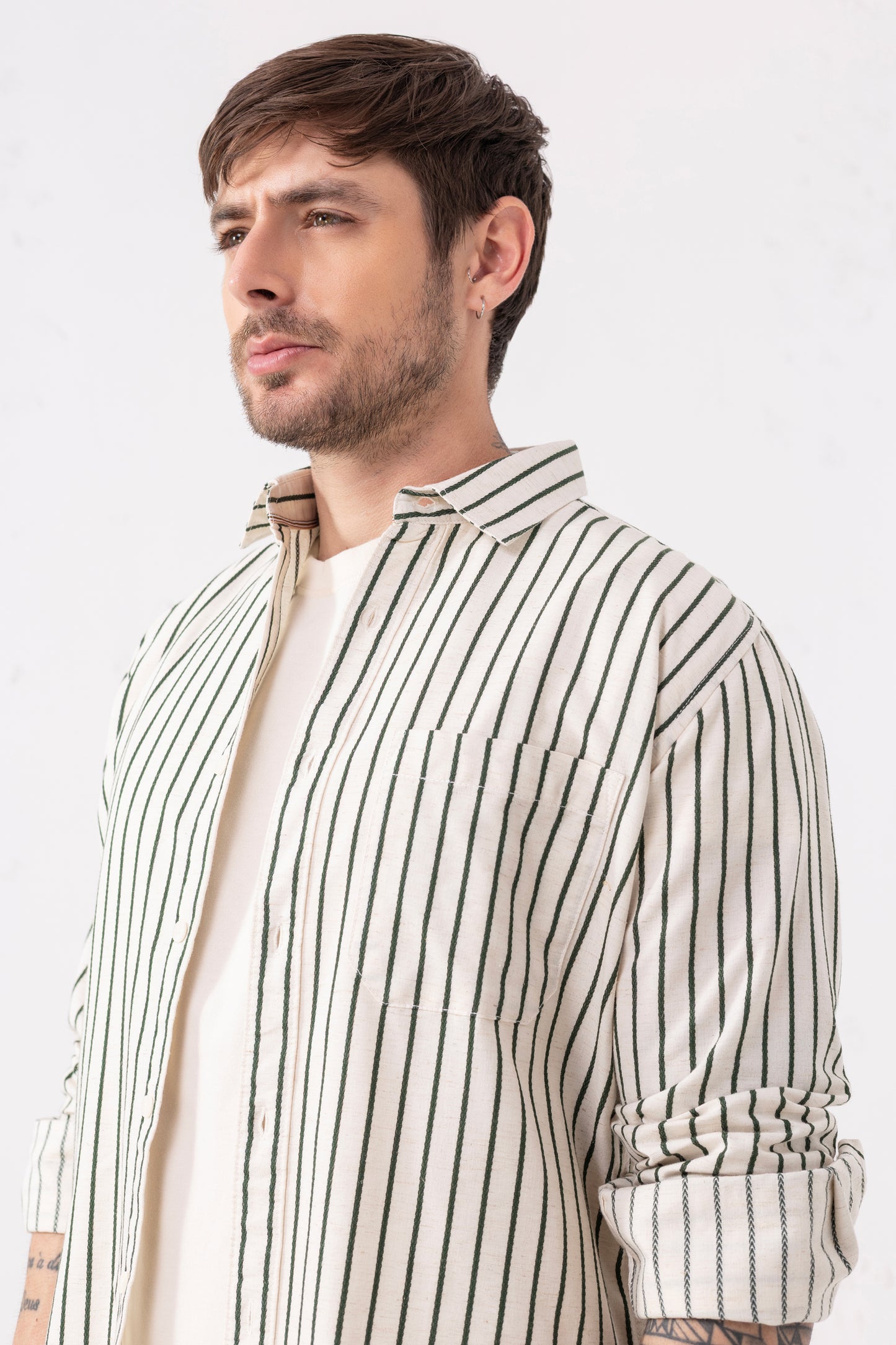 Full-Sleeve Shirt – Cream with Olive Stripes 100% Cotton