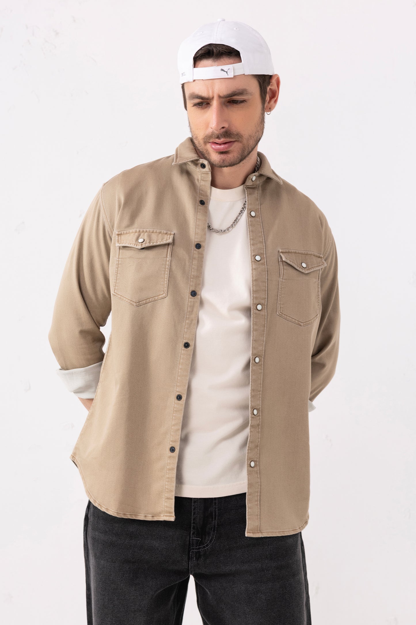 Beige Double-Pocket Denim Shirt – Full Sleeves