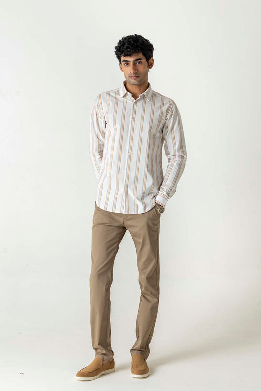 Khaki Vertical Stripe Cotton Regular Fit Full Sleeve Shirt