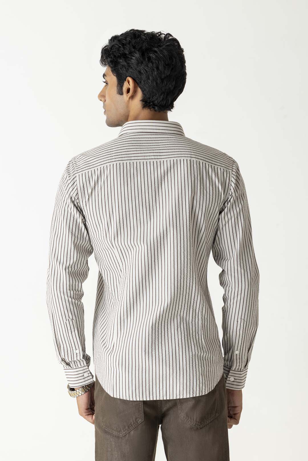 Grey and White Cotton Regular Fit Bold Stripe Full Sleeve Shirt