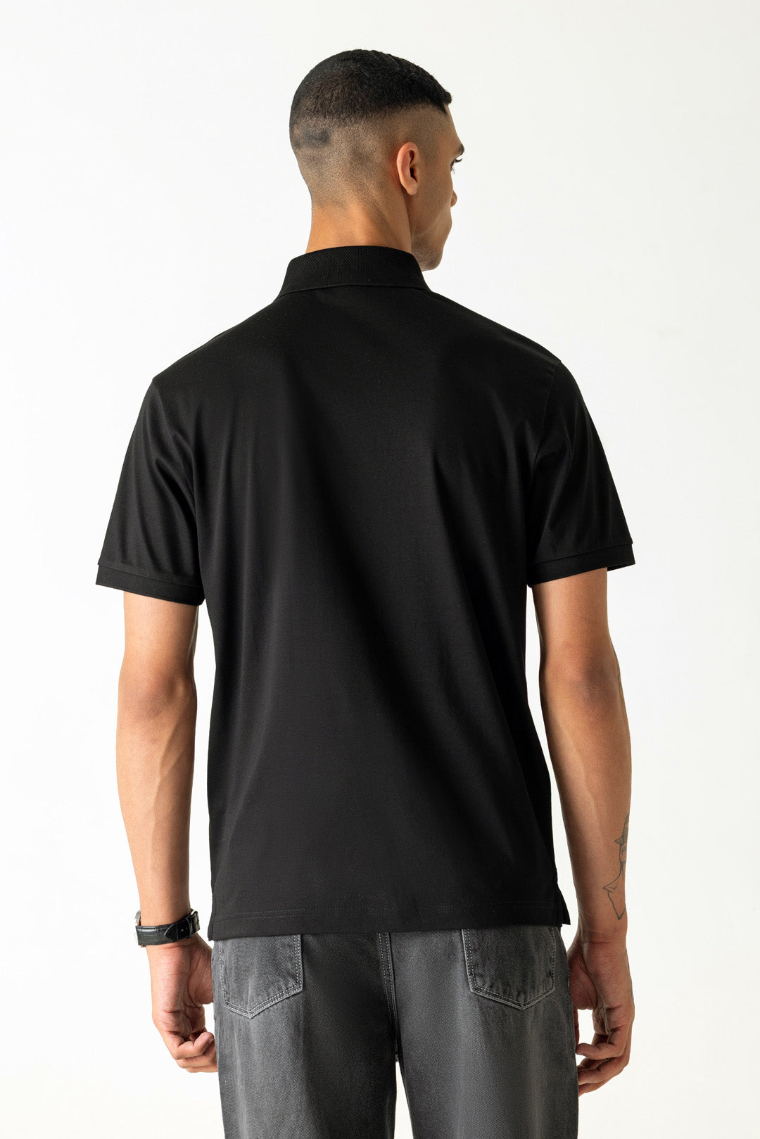 Black Mercerised Cotton Regular Fit Flock Tonal Print Polo T-Shirt