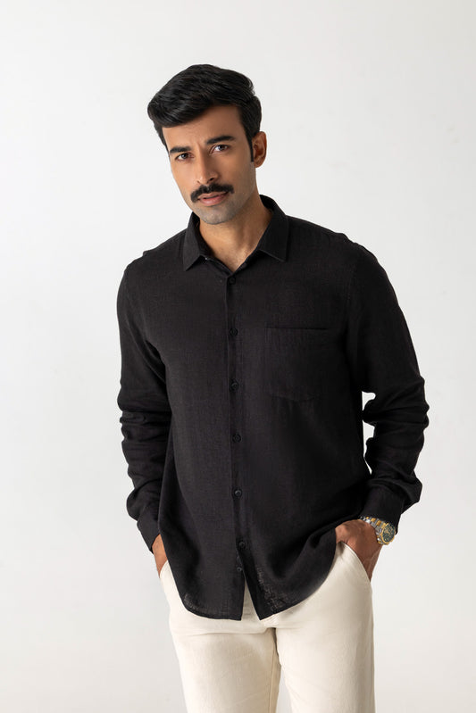 Solid Jet Black Linen Viscose Regular Fit Regular Collar Full Sleeve Shirt