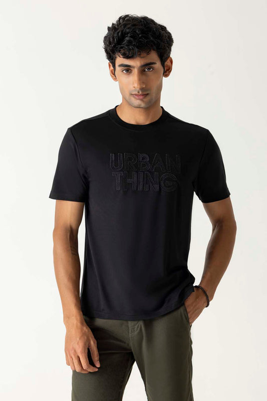 Black Viscose Blend Tonal Embroidery Branding Crew Neck T-Shirt