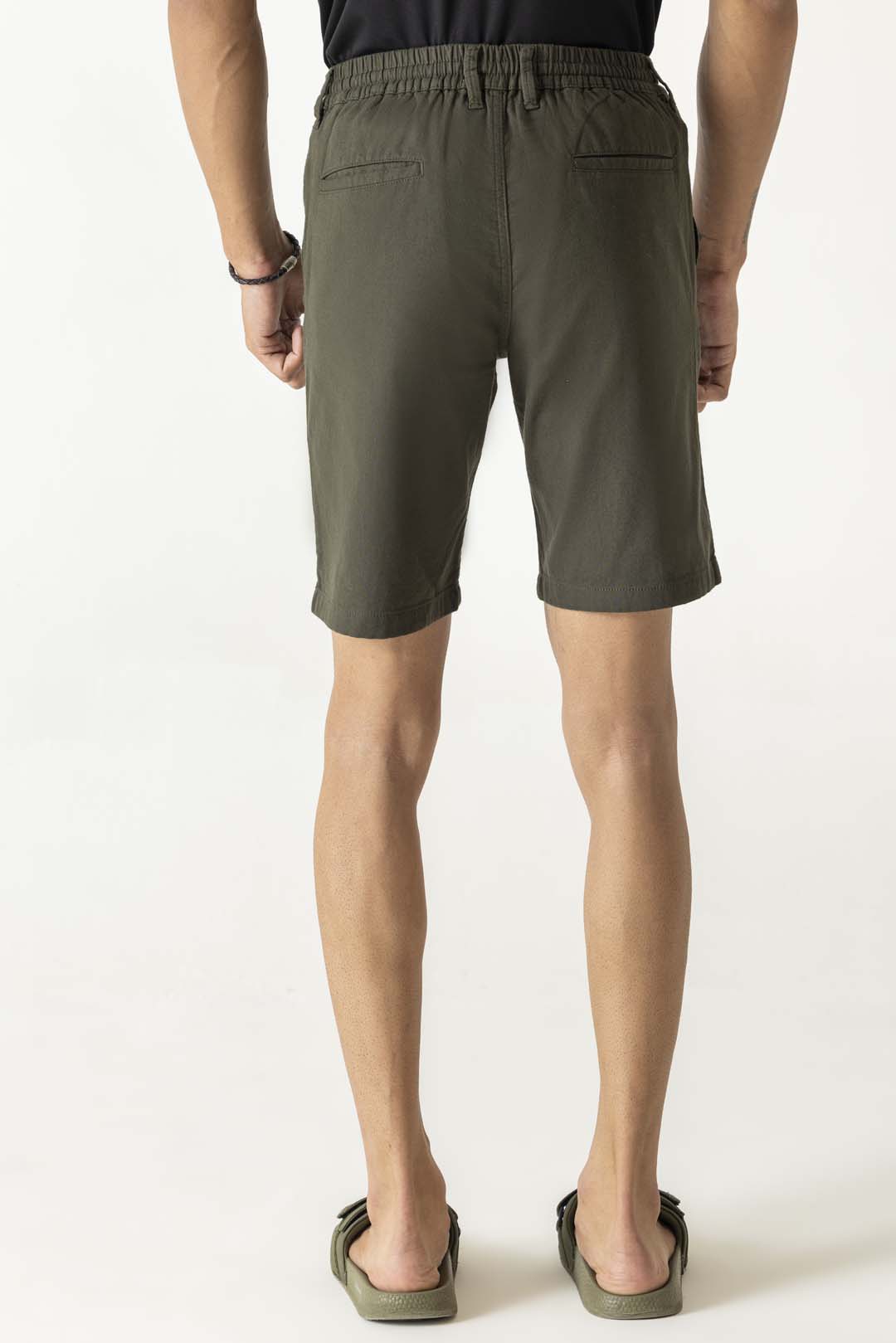 Half Belt Drawstring Dark Olive Cotton Shorts