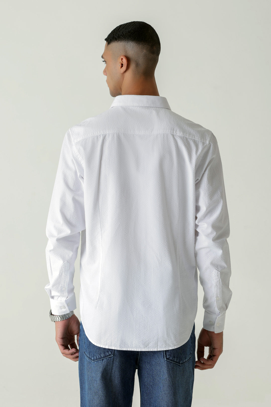 Seersucker Cotton White Regular Fit Shirt