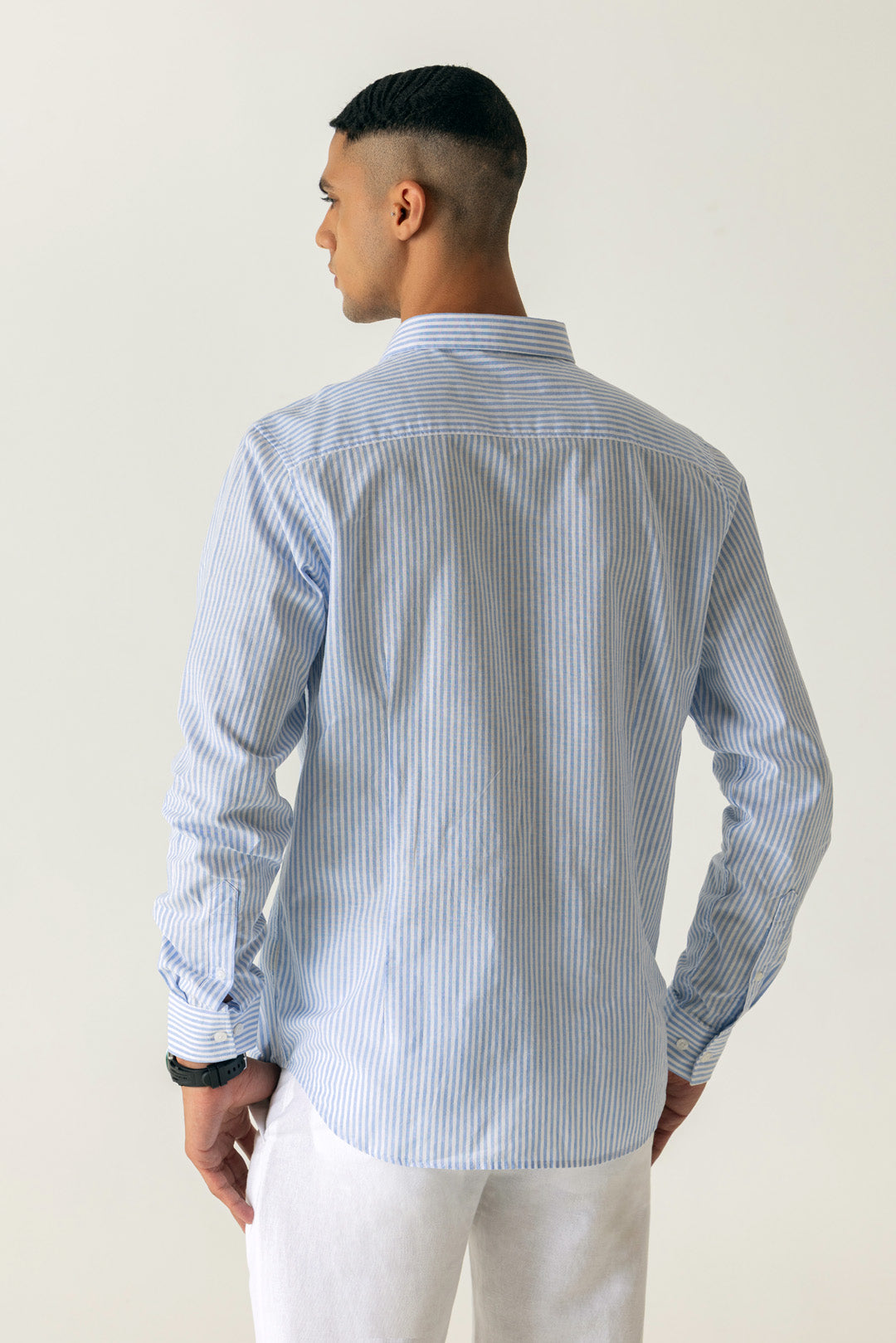 Cotton Linen Sky Blue Stripe Regular Fit Shirt