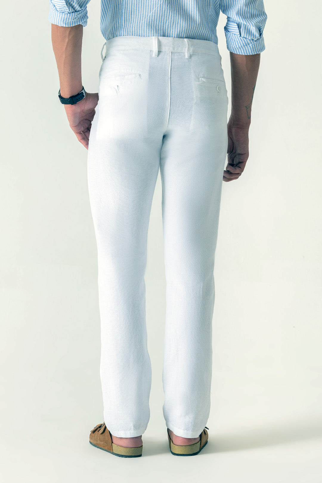 Linen Cotton White Slim Straight Regular Belt Trouser