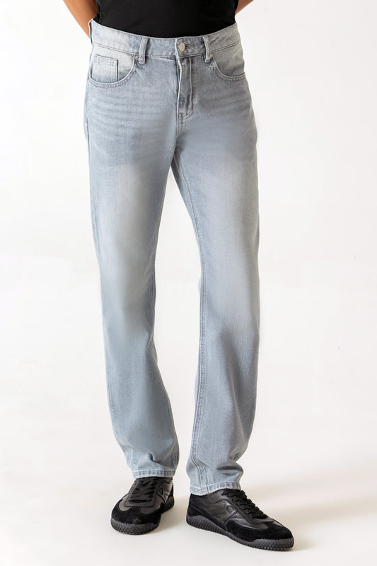 Five Pocket Ice Grey Tone Mature Wash Slim Straight Denim Jeans