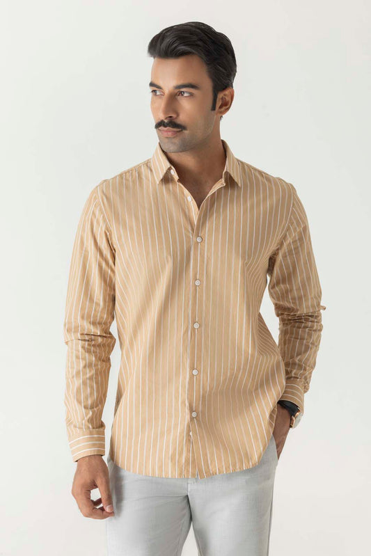 Cotton Khaki Stripe Regular Fit Shirt