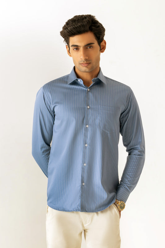Cotton Denim Sky Stripe Slim Fit Shirt