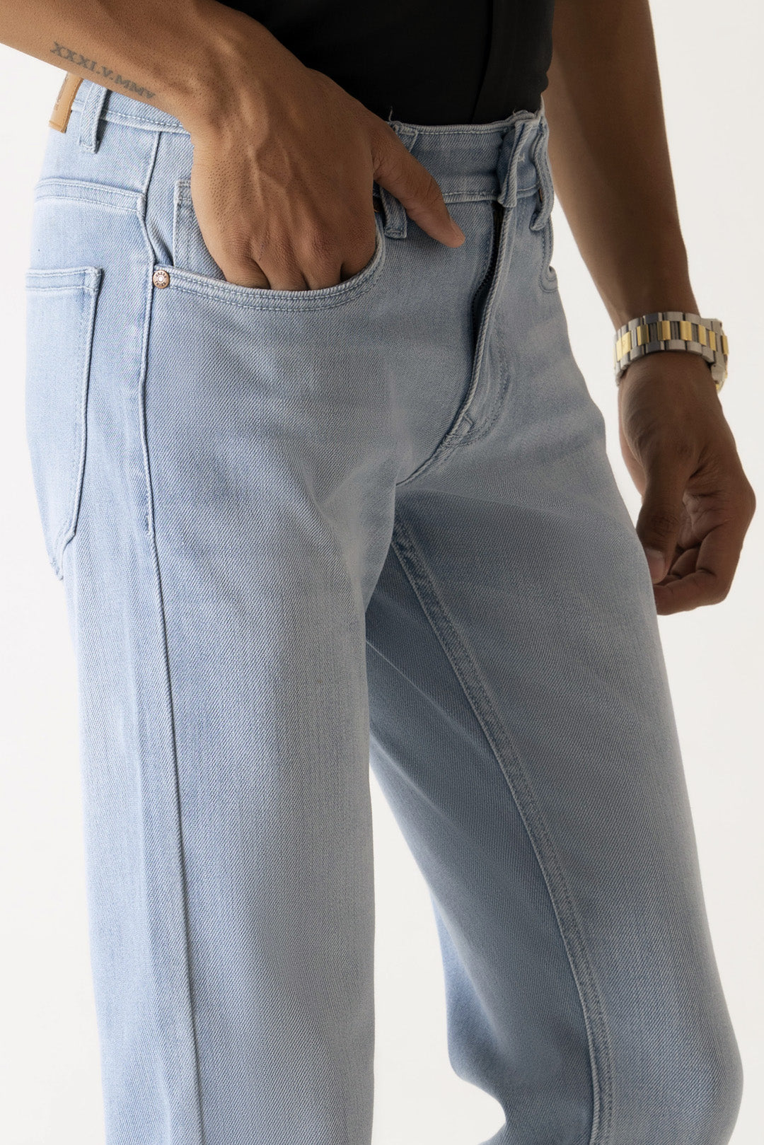 Ice Blue Cotton Lyocell Slim Straight Regular Jeans