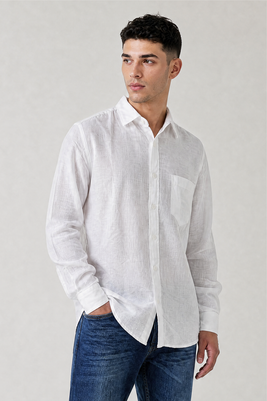 White Linen Blend Solid Shirt – Regular Fit