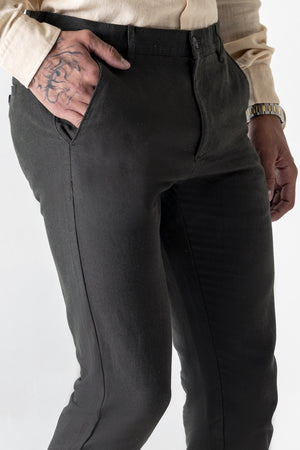 Solid Olive Linen Cotton Slim Straight Chino Trousers