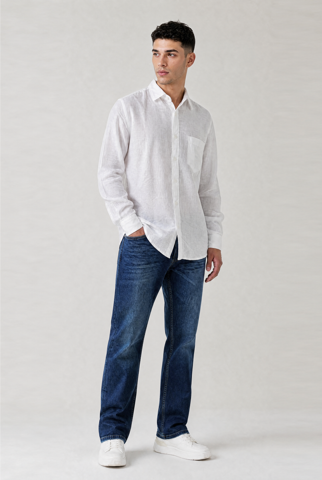 White Linen Blend Solid Shirt – Regular Fit