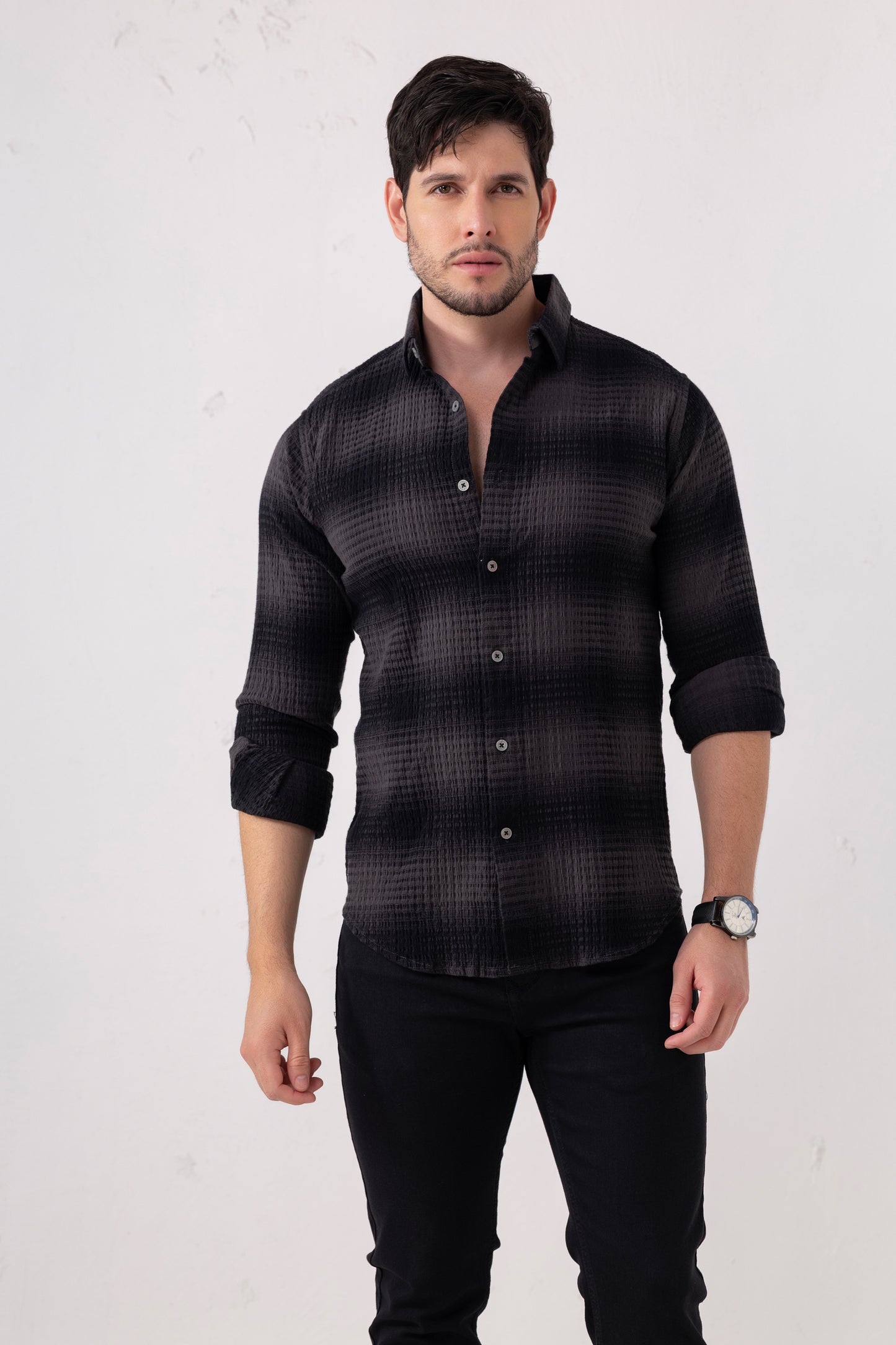 Black Waffle Checks Cotton Blend Casual Shirt – Modern Fit