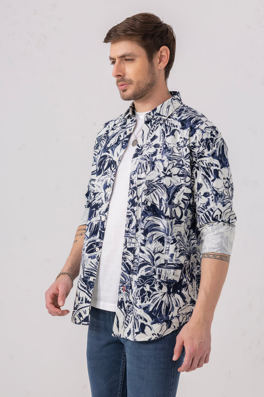 Navy & White Tropical Print Premium Cotton Shirt