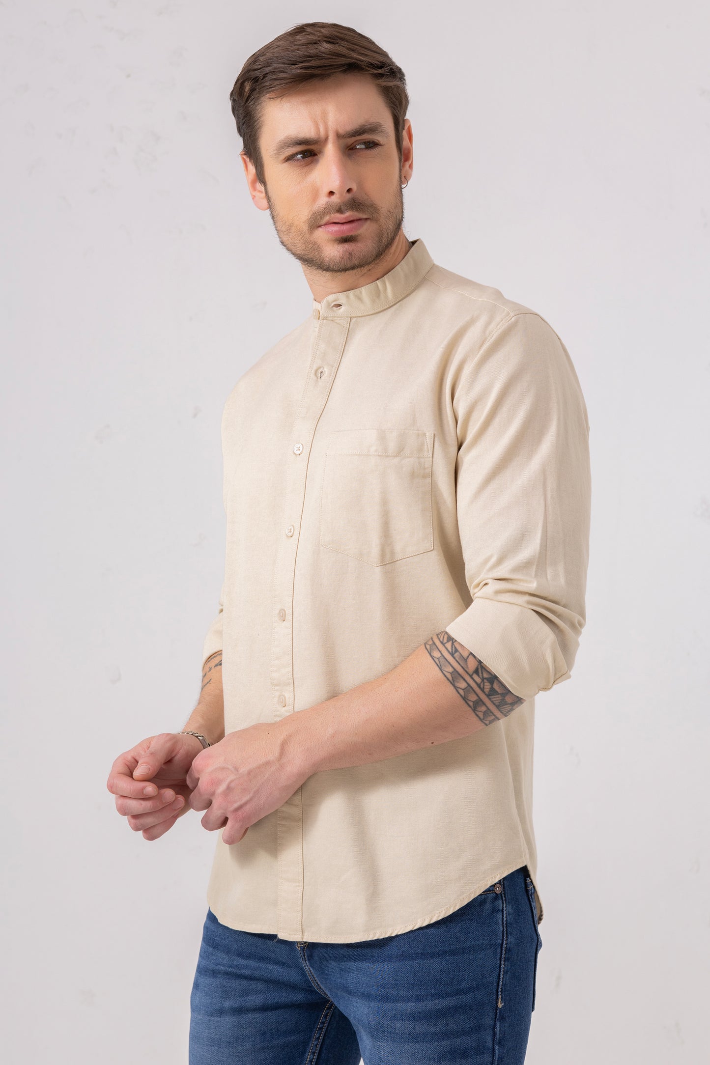 Beige 100% Cotton Mandarin Collar Casual Shirt