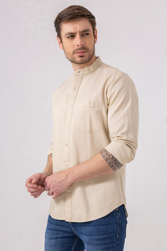 Beige 100% Cotton Mandarin Collar Casual Shirt