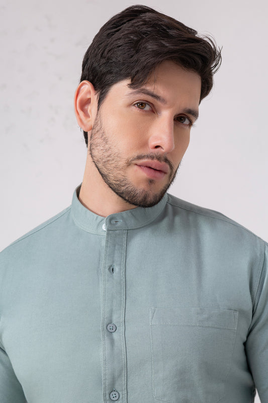 Sea Green 100% Cotton Casual Mandarin Collar Shirt