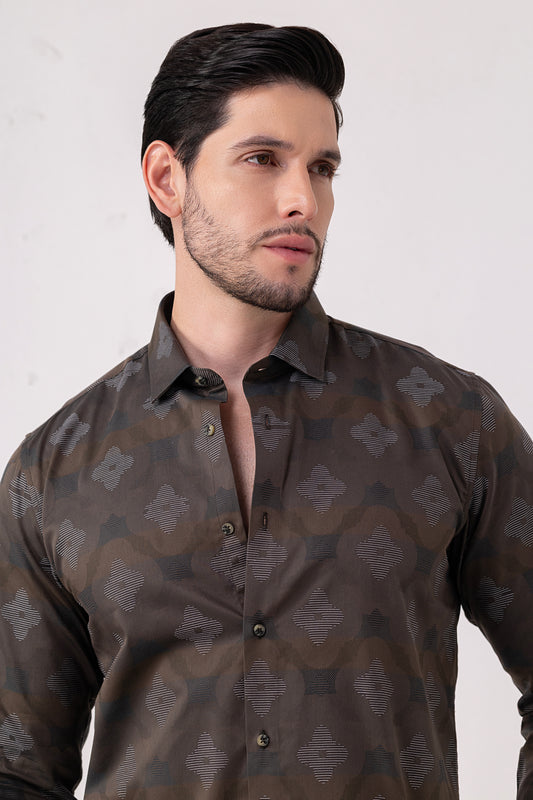 Brown Jacquard 100% Cotton Party Shirt. Vyne by Urban Thing.