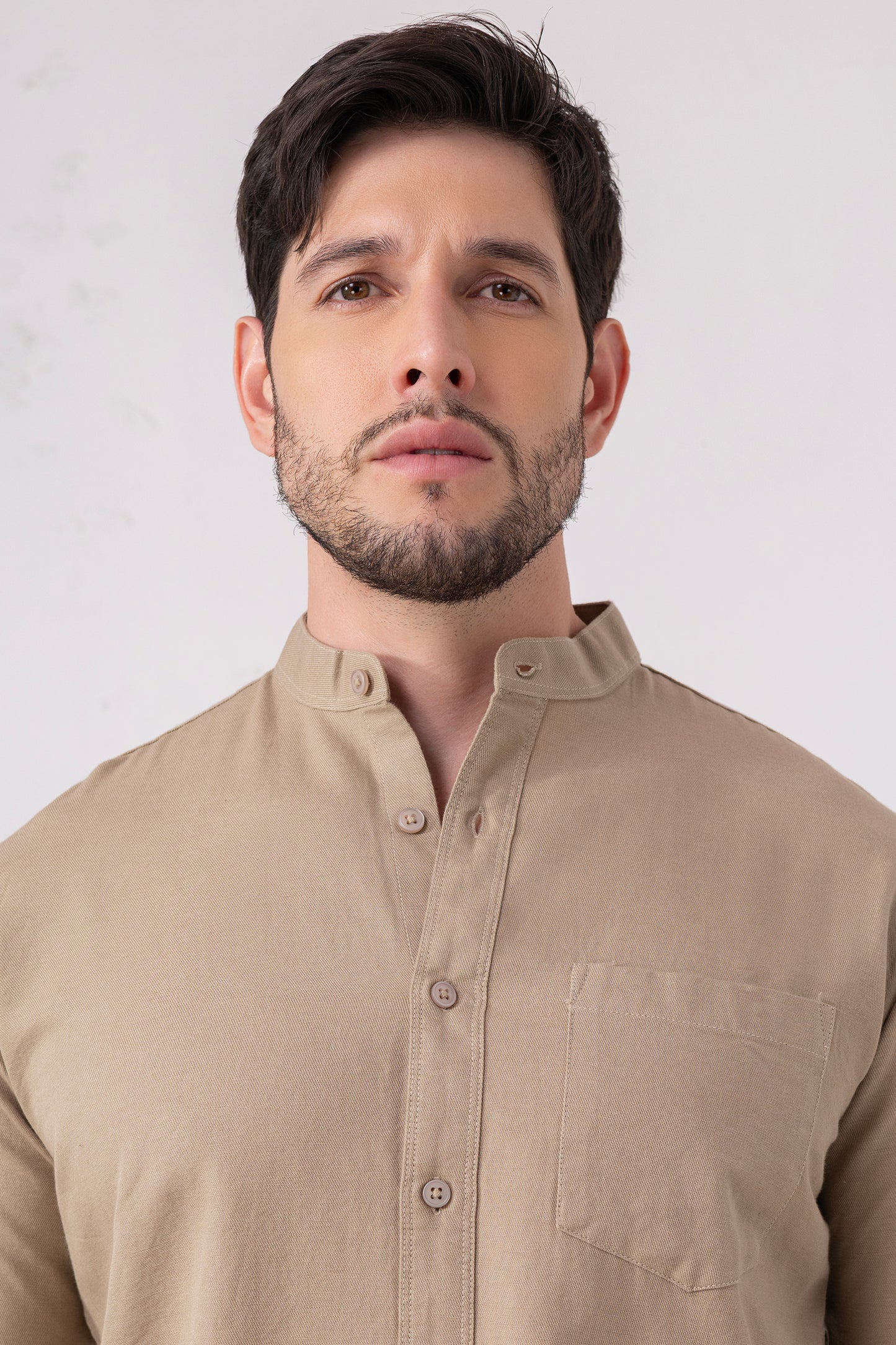Sand Beige 100% Cotton Casual Mandarin Collar Shirt