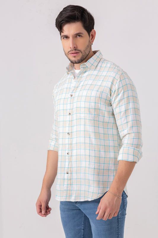 Beige & Blue Linen Blend Checked Casual Shirt