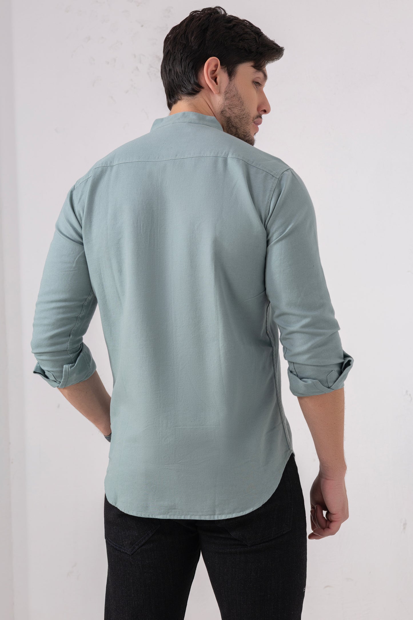 Sea Green 100% Cotton Casual Mandarin Collar Shirt