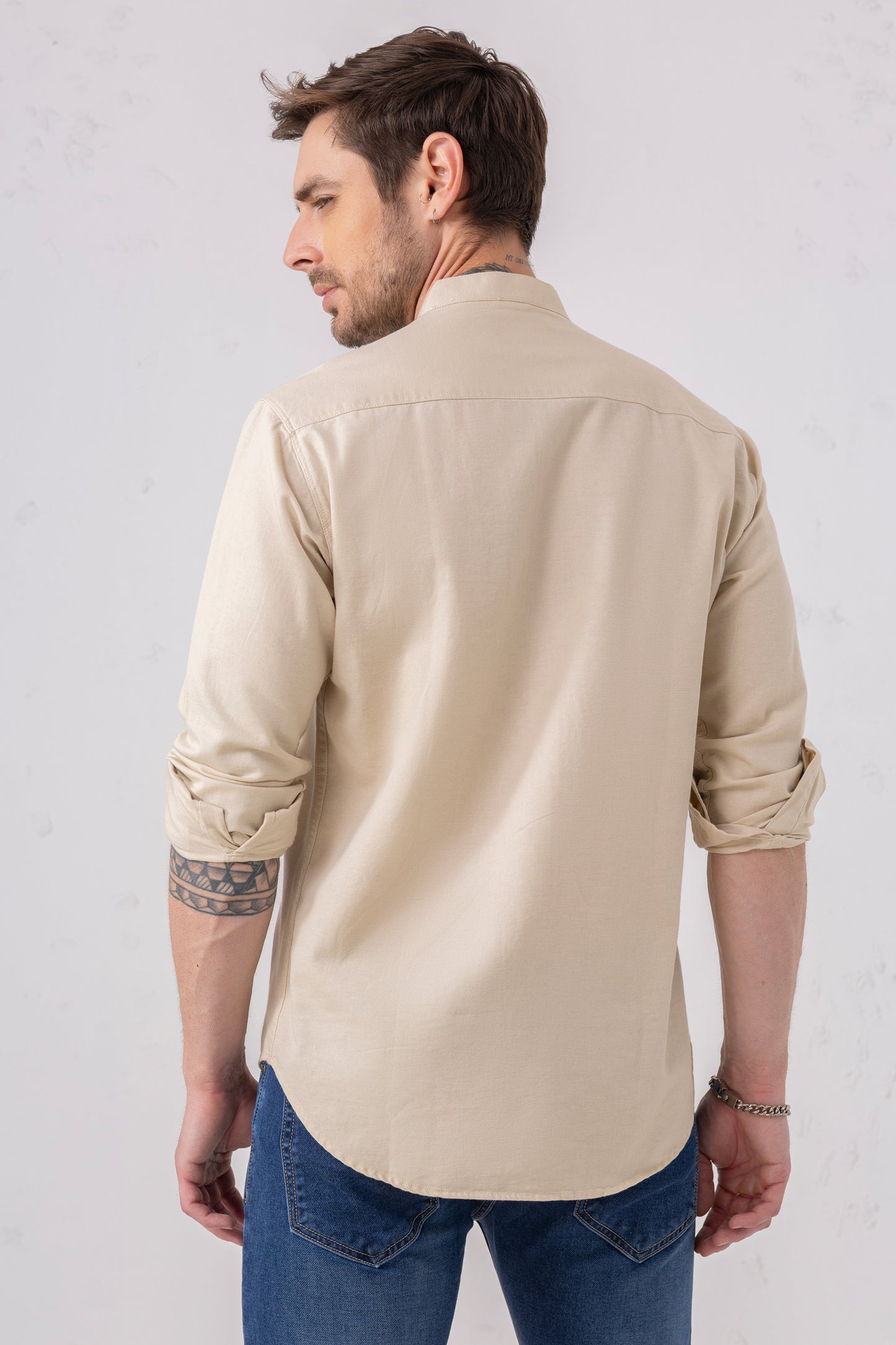 Beige 100% Cotton Mandarin Collar Casual Shirt