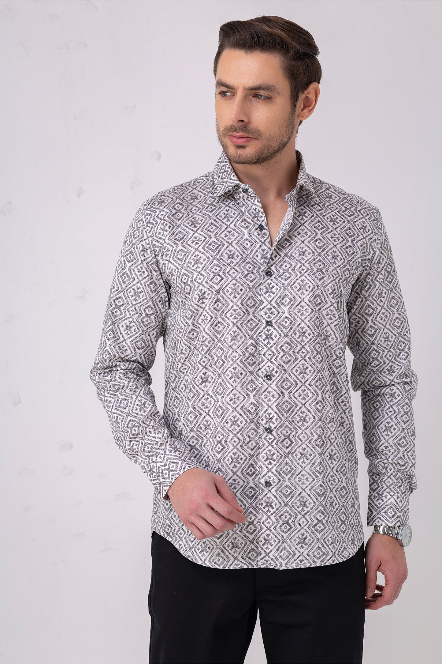 Geometric Grey Jacquard Cotton Shirt. Vyne by Urban Thing.
