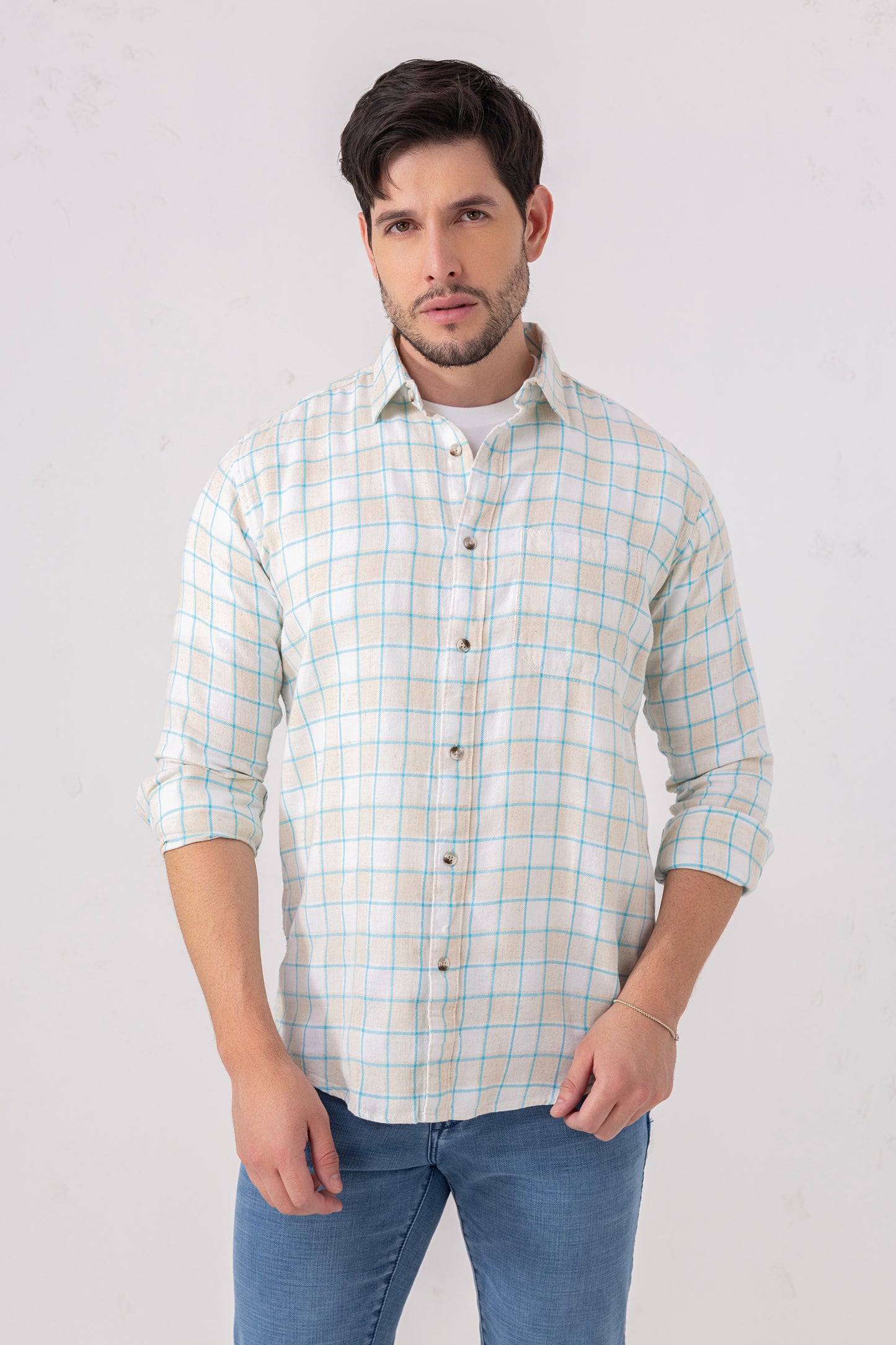 Beige & Blue Linen Blend Checked Casual Shirt