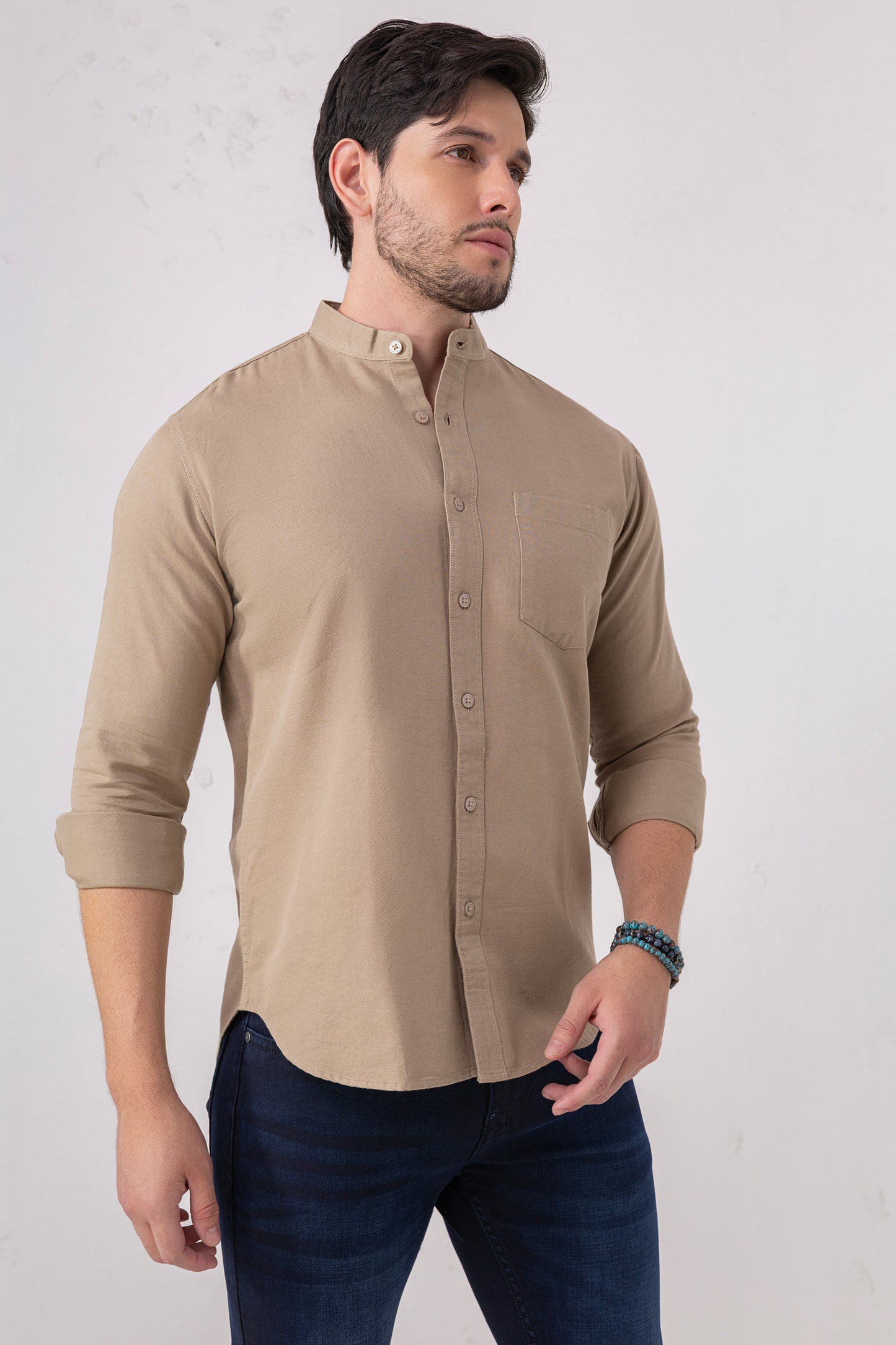 Sand Beige 100% Cotton Casual Mandarin Collar Shirt