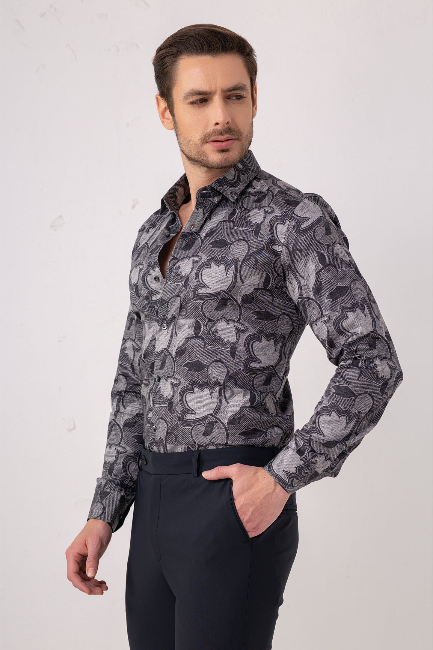 Grey Floral Jacquard Party Shirt – 100% Cotton. Vyne by Urban Thing.