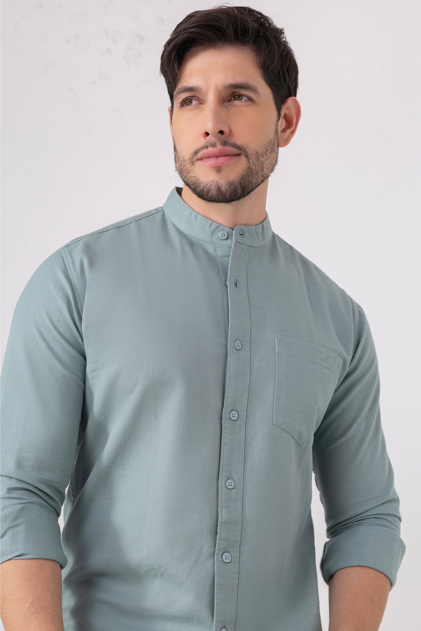 Sea Green 100% Cotton Casual Mandarin Collar Shirt
