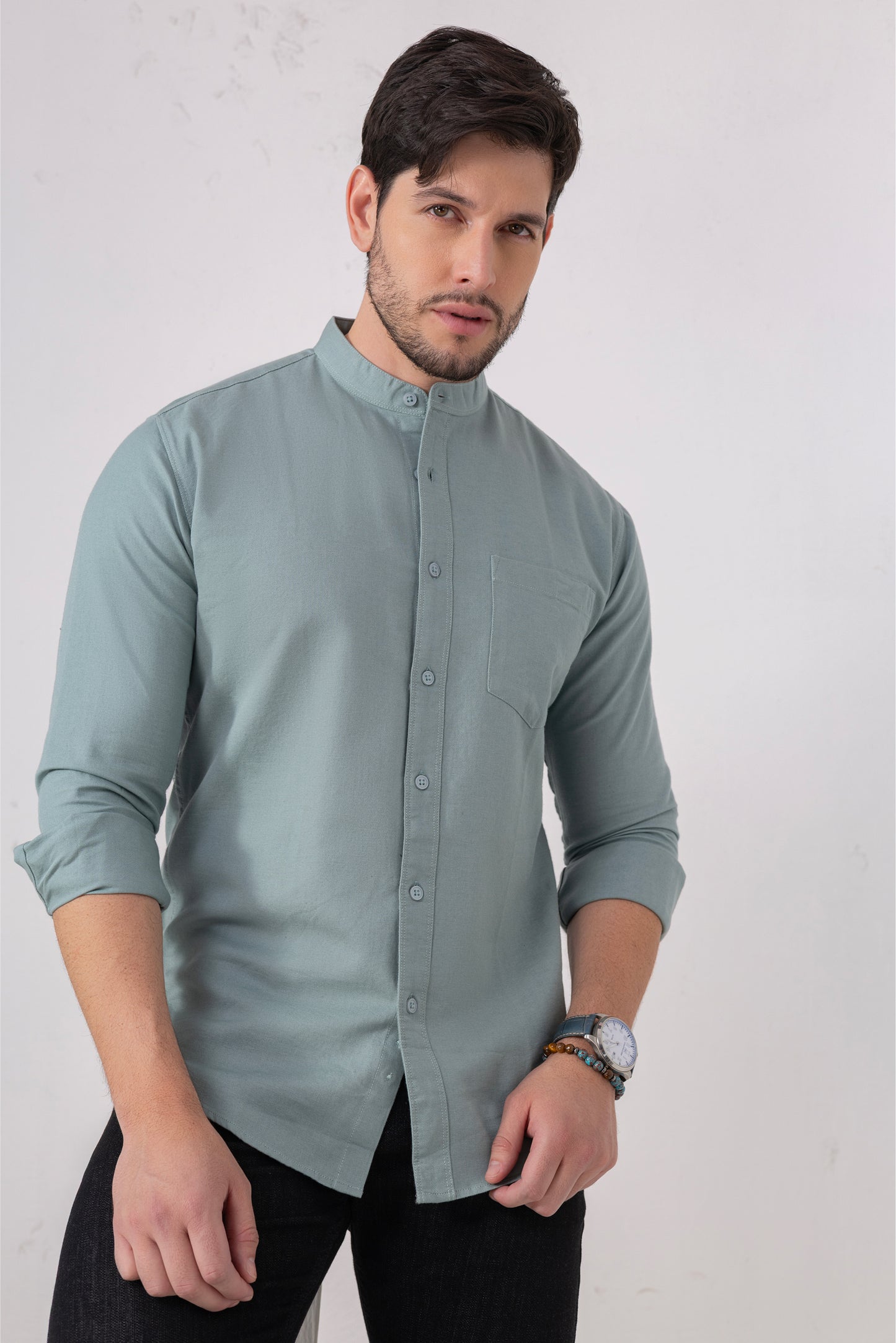 Sea Green 100% Cotton Casual Mandarin Collar Shirt