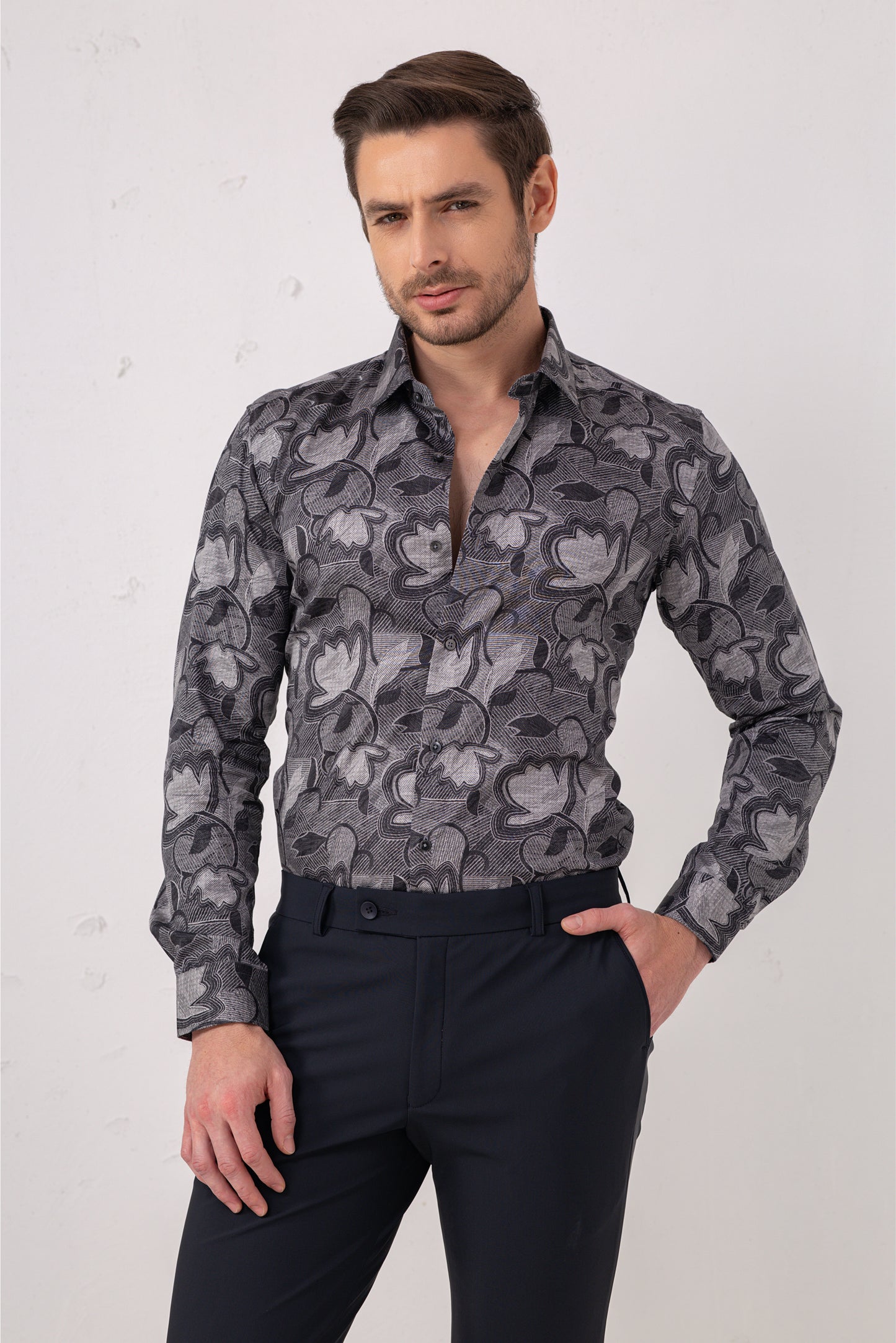 Grey Floral Jacquard Party Shirt – 100% Cotton. Vyne by Urban Thing.