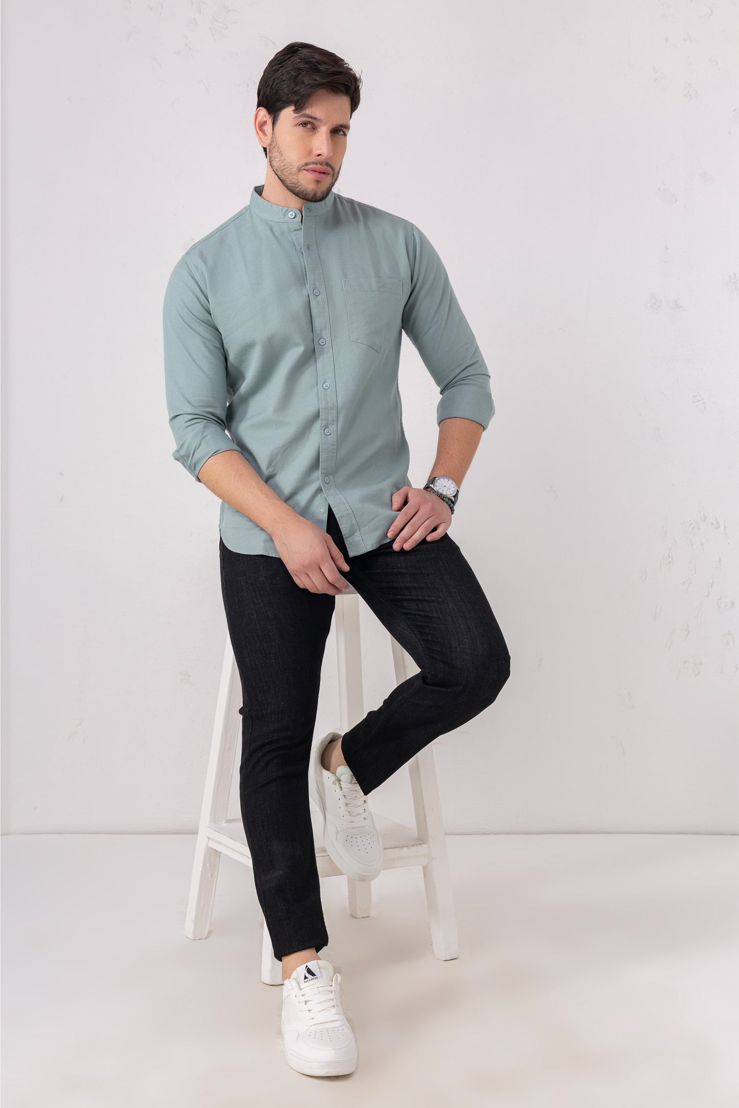 Sea Green 100% Cotton Casual Mandarin Collar Shirt