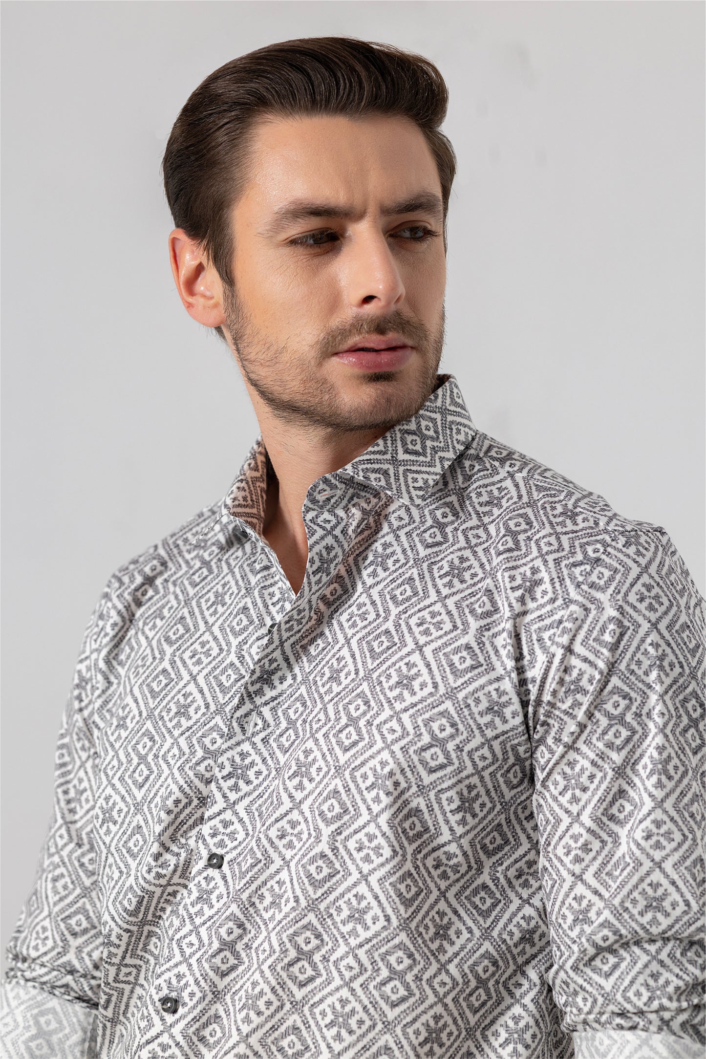 Geometric Grey Jacquard Cotton Shirt. Vyne by Urban Thing.